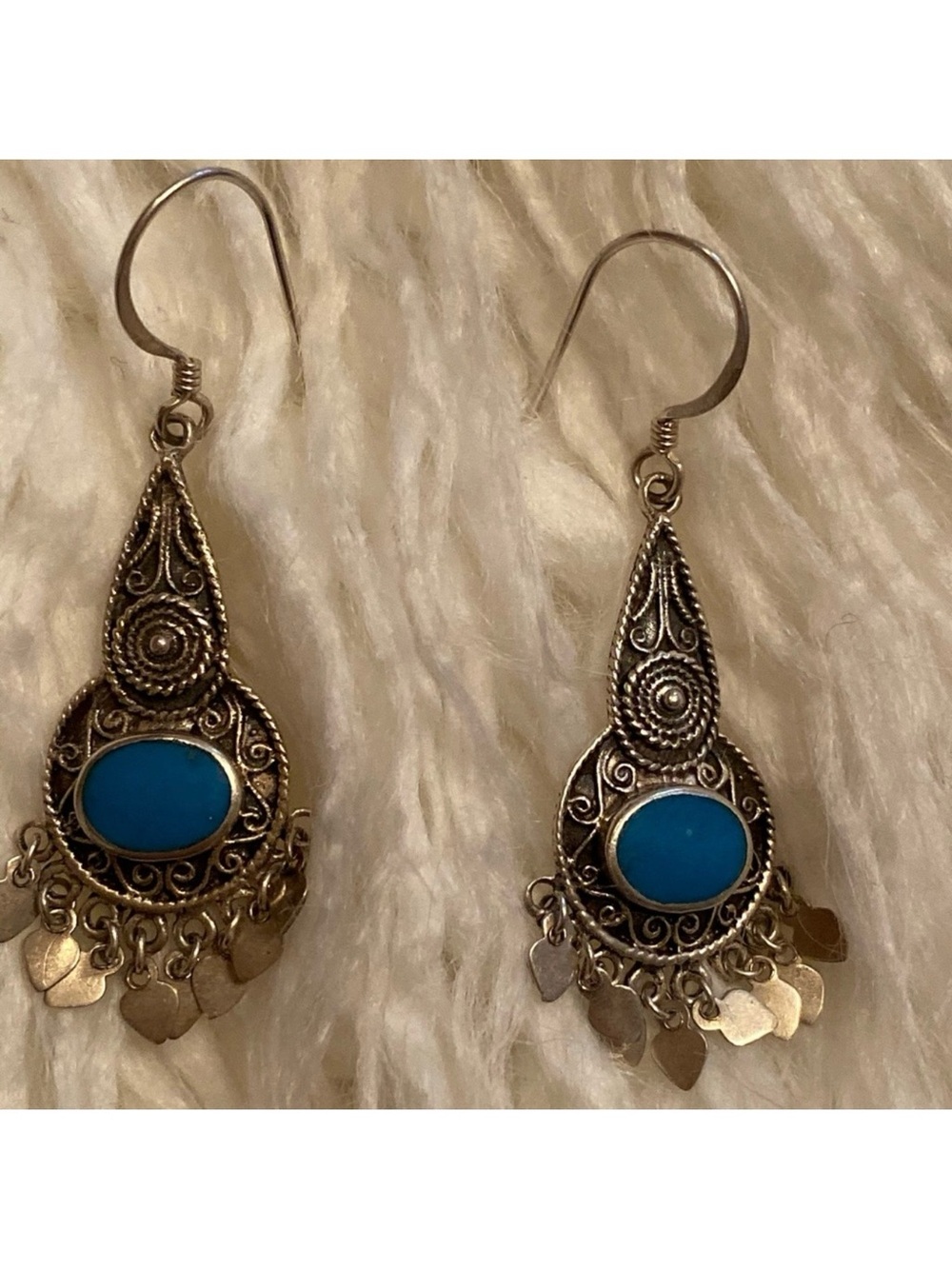EARRINGS STERLING SILVER TURQUOISE BLUE DANGLE DROP FRENCH HOOK PIERCED WIRE 925